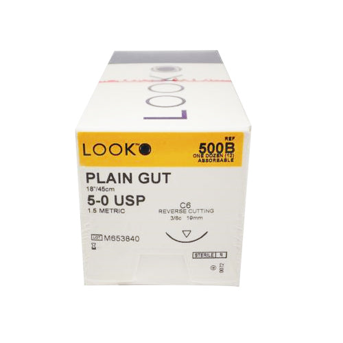 Look 500B Plain Gut Absorbable Reverse Cutting Sutures C6 3/8 Circle 5-0 18 Look 500B Plain Gut Absorbable Reverse Cutting Sutures C6 3/8 Circle 5-0 18